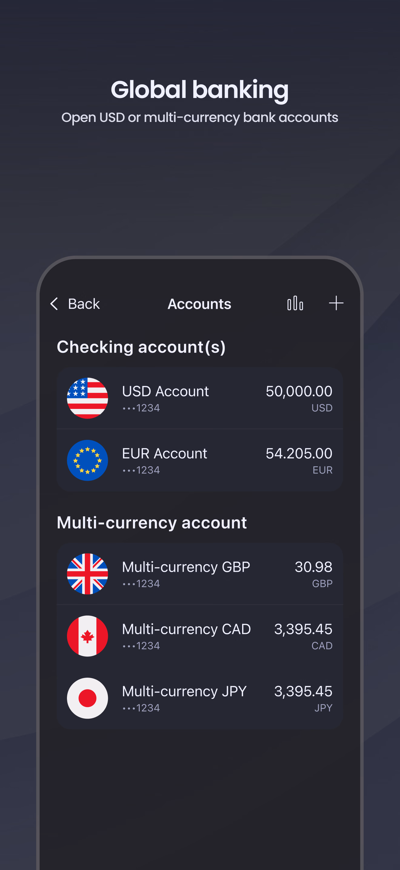 App Store screen: Global banking — checking and multi-currency accounts