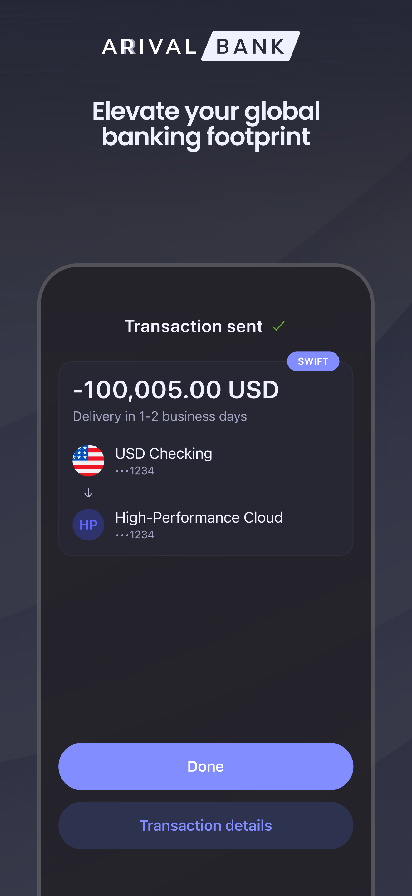App Store screen: Elevate your global banking footprint — a transfer sent